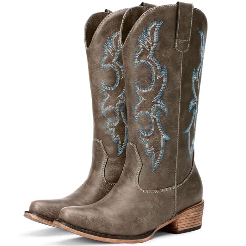 Choiran Brown Cowboy Boots for Women - Embroidered Cowgirl Carter Outfits Boots Western Mid Calf Cowboy Carter Fashion Chunky Heel Pointed Toe Country Boot 8 - Image 1