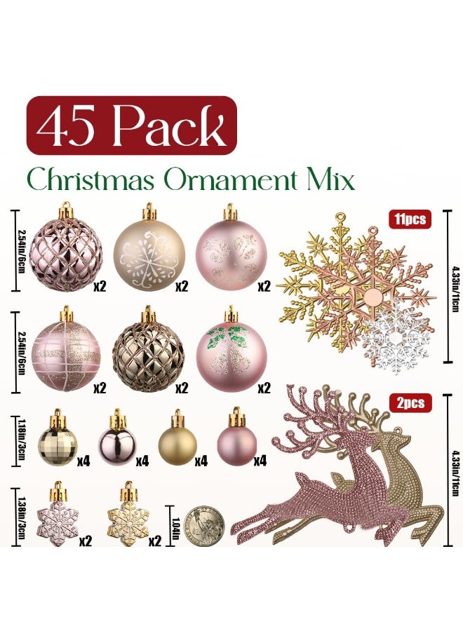 45 قطعة من زينة شجرة عيد الميلاد، كرات بلاستيكية ملونة غير قابلة للكسر، رقاقات ثلج، أيل، مناسبة لتزيين أكاليل حفلات الأعياد وحفلات الزفاف (ذهبي وردي وذهبي شامبانيا). - Image 2