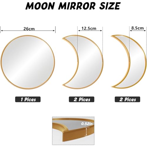 HOME ELEMENTS Decorative Moon Phase Multi Shape Glass Mirror Set, Wall Mounted Plastic Modern Gold Framed Wall Decor Mirror for Home, Living Room, Bedroom, Office (5 Pieces Set) - Image 4