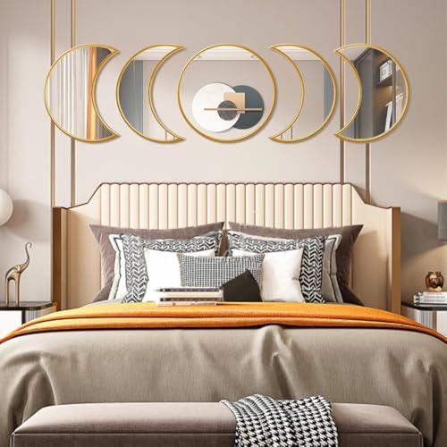 HOME ELEMENTS Decorative Moon Phase Multi Shape Glass Mirror Set, Wall Mounted Plastic Modern Gold Framed Wall Decor Mirror for Home, Living Room, Bedroom, Office (5 Pieces Set) - Image 3