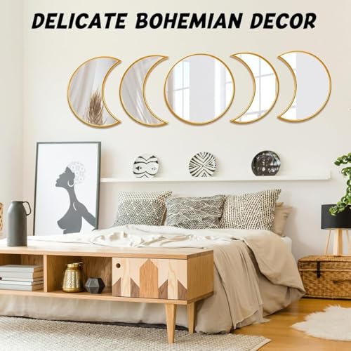 HOME ELEMENTS Decorative Moon Phase Multi Shape Glass Mirror Set, Wall Mounted Plastic Modern Gold Framed Wall Decor Mirror for Home, Living Room, Bedroom, Office (5 Pieces Set) - Image 5