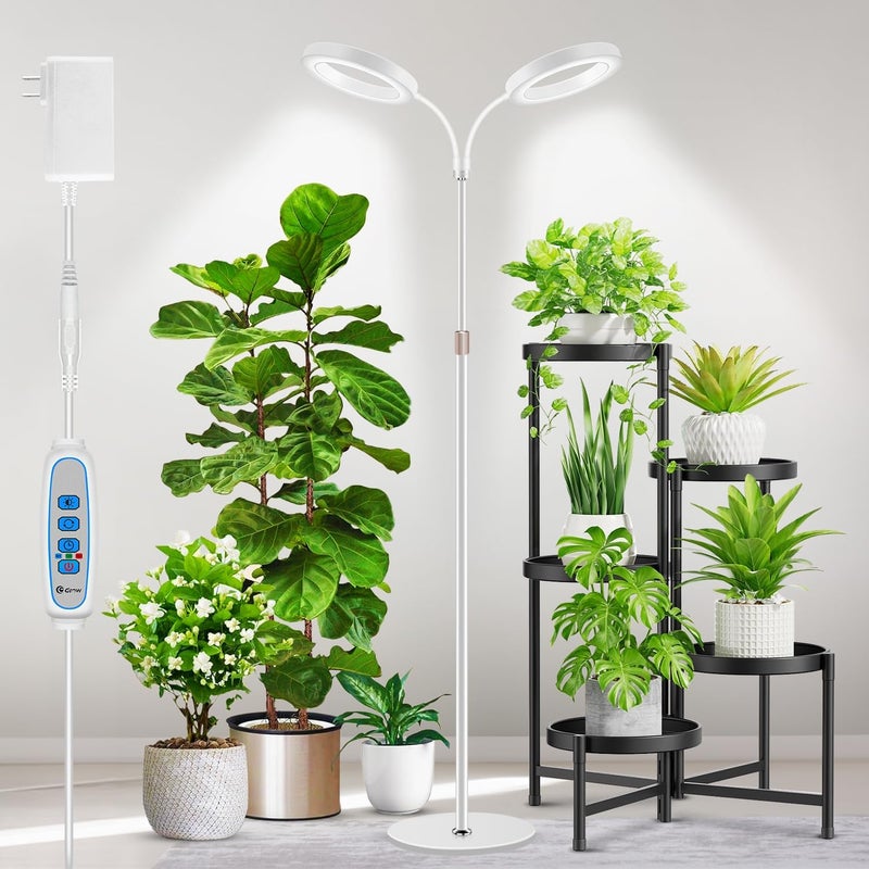 Aumtrly Large Plant Light for Indoor Plants, 2 Head Full Spectrum Grow Light with 68" Adjustable Stand for Growing Large Tall Plants, White Halo Floor LED Grow Lamp with 16 Hour Timer - Image 1