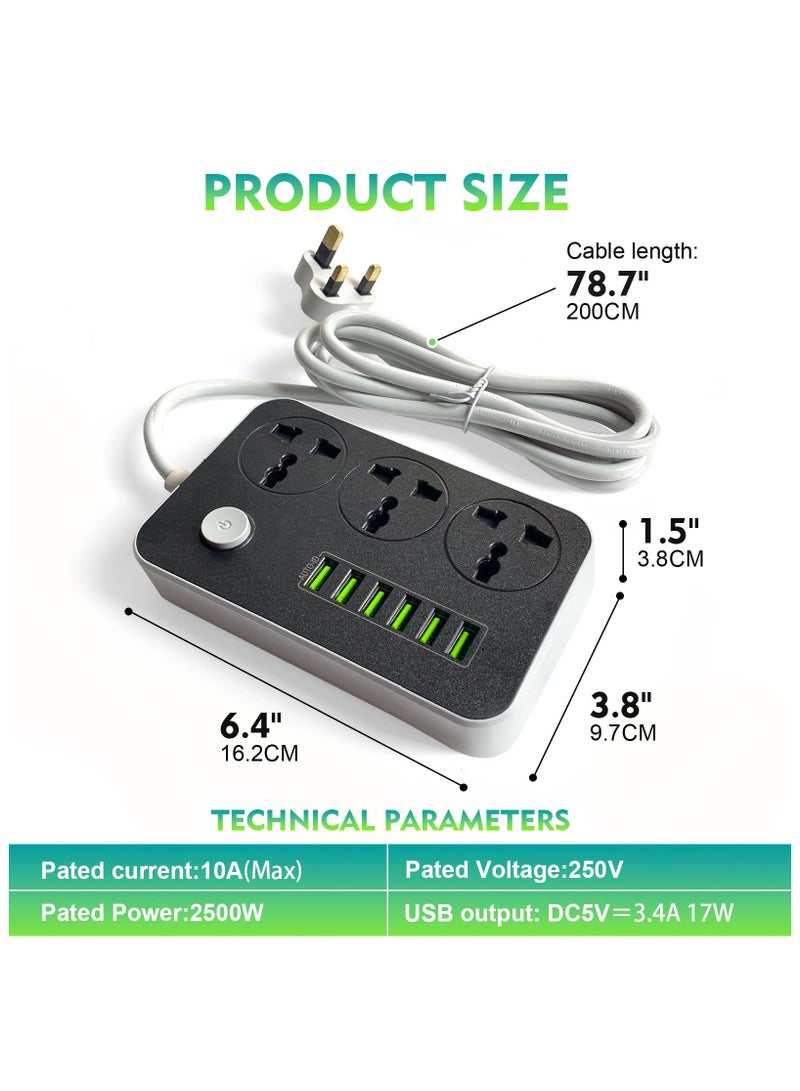Loquat 9 in 1 Power Strips Extension Cord, Power Socket with 3 Power Socket and 6 USB Ports, 2M Bold Extension Cord for Home and Office - Image 3