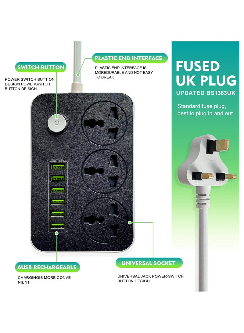 Loquat 9 in 1 Power Strips Extension Cord, Power Socket with 3 Power Socket and 6 USB Ports, 2M Bold Extension Cord for Home and Office - Image 5