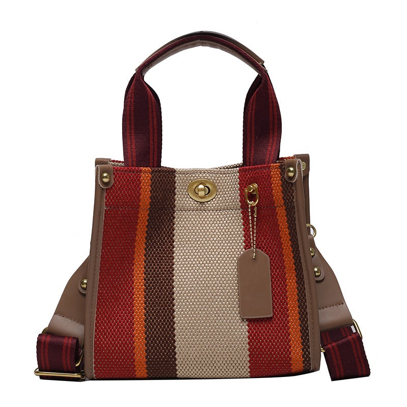 Portable New Style Striped Fashion Handheld Tote Large Capacity Canvas Contrasting Color Commuter Crossbody Bag - Image 1