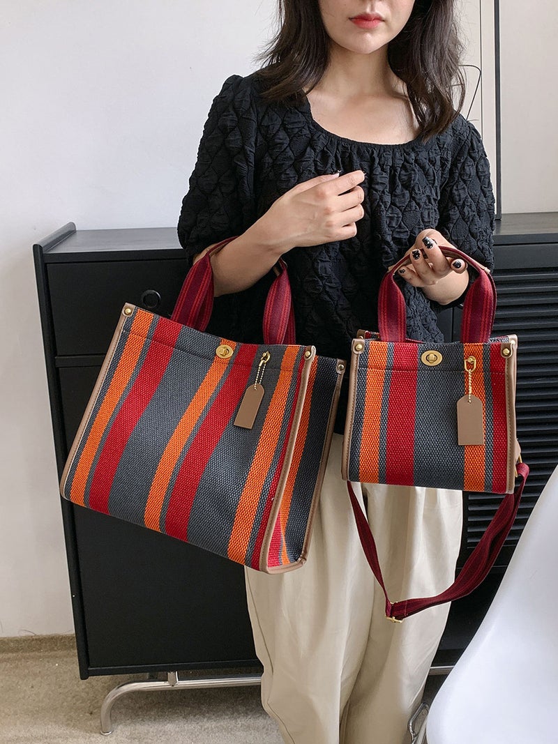 Portable New Style Striped Fashion Handheld Tote Large Capacity Canvas Contrasting Color Commuter Crossbody Bag - Image 3