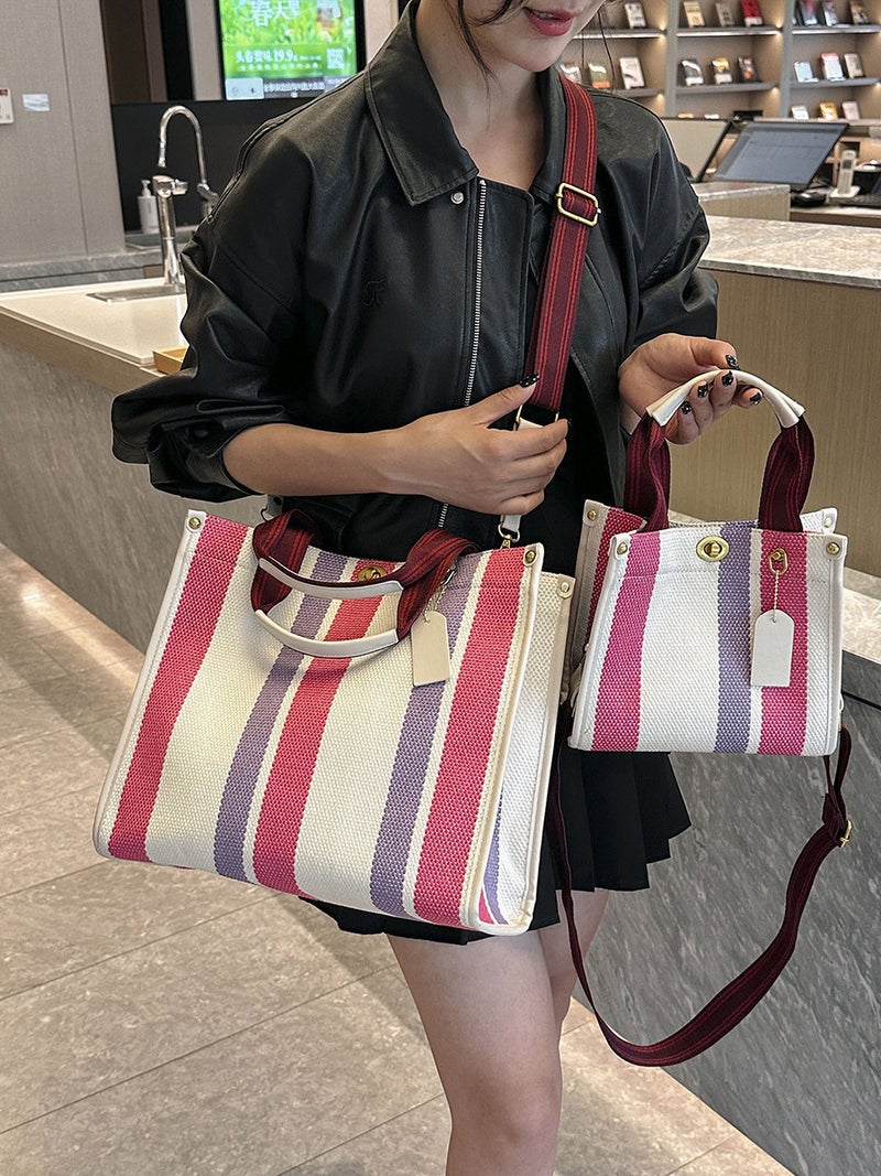 Portable New Style Striped Fashion Handheld Tote Large Capacity Canvas Contrasting Color Commuter Crossbody Bag - Image 2