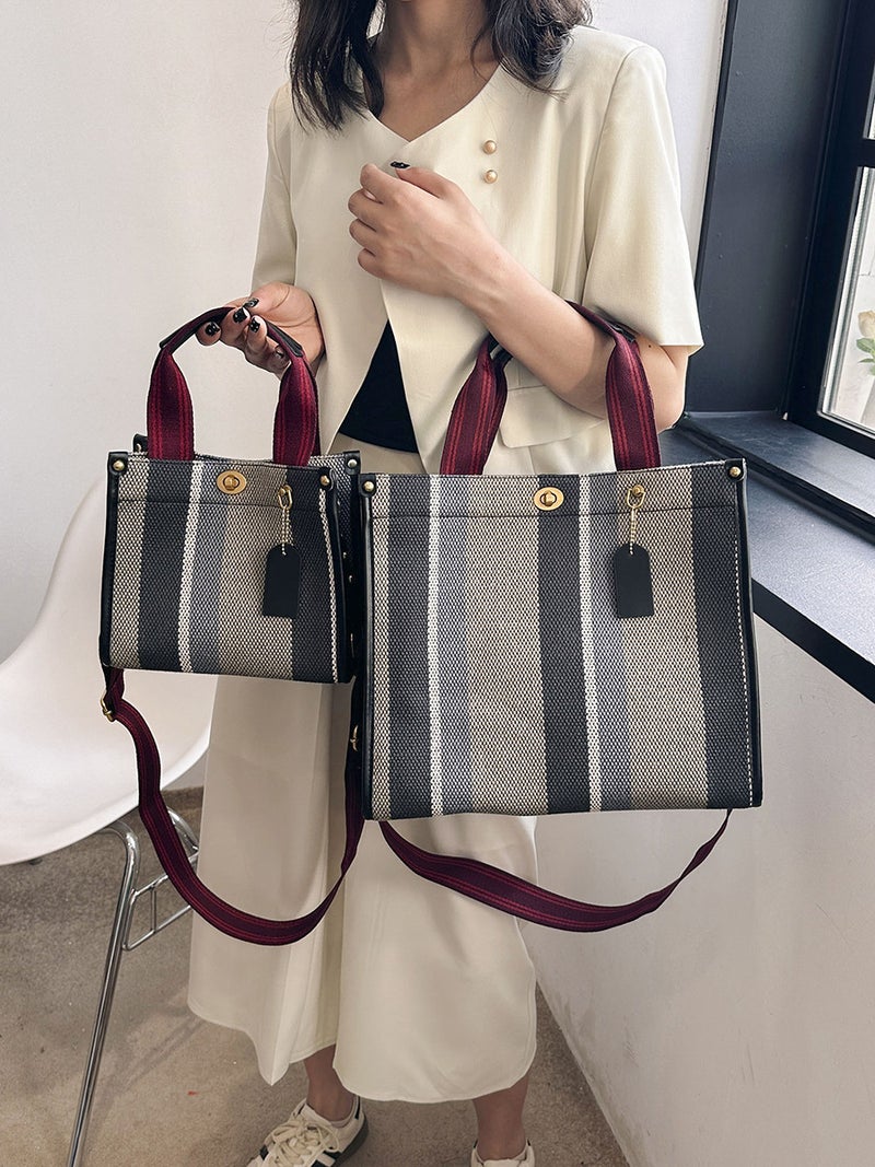 Portable New Style Striped Fashion Handheld Tote Large Capacity Canvas Contrasting Color Commuter Crossbody Bag - Image 5