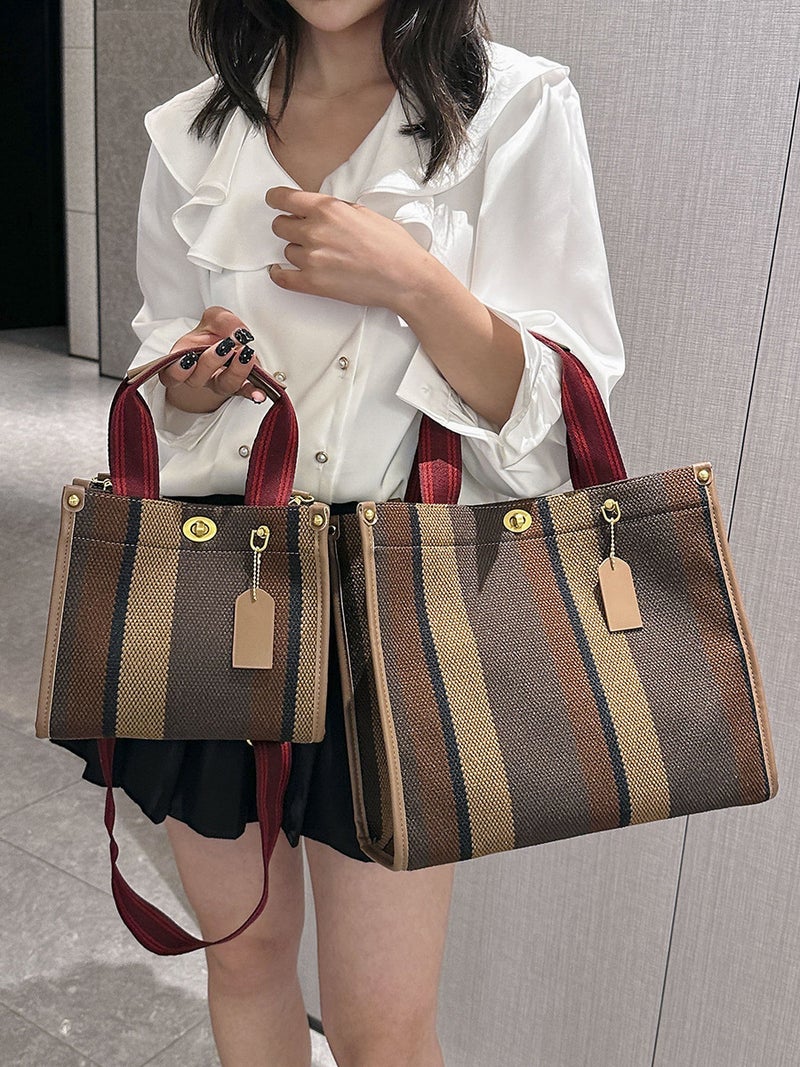Portable New Style Striped Fashion Handheld Tote Large Capacity Canvas Contrasting Color Commuter Crossbody Bag - Image 4