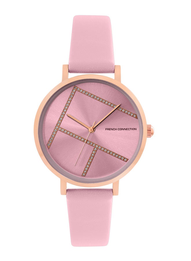 French Connection Pink Dial Pink Leather Strap Analog Watch for Women 34mm - Image 1