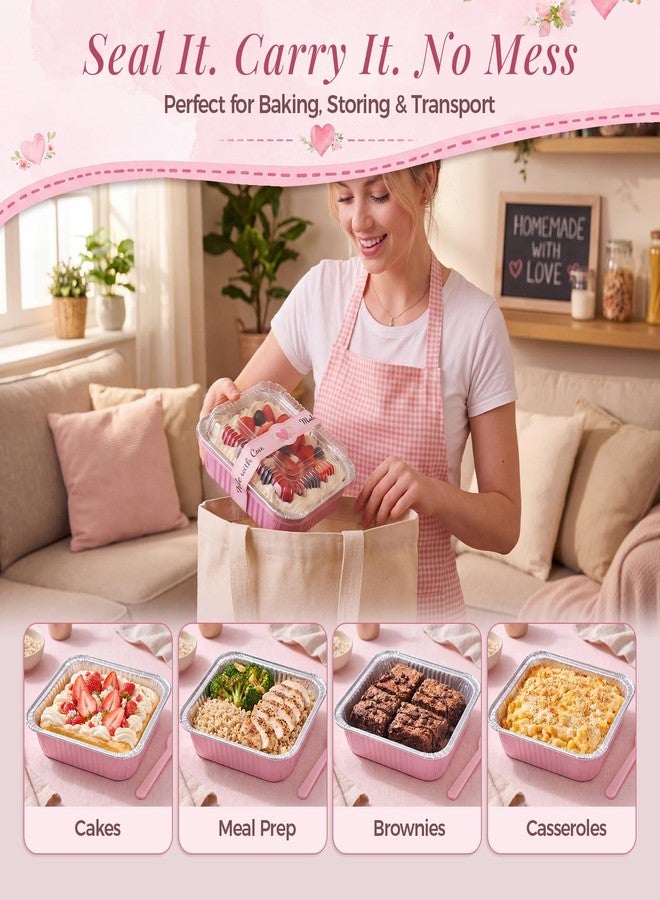 YQER 35 Pack 8x8 Inch Pink Disposable Aluminum Pans with Lids, Spoons, 8 Inch Square Cake Tins Containers - Foil Baking Pans for Brownies, Meal Prep, Cinnamon Roll Pan, Freezer to Oven, Bake Pack Sell - Image 5