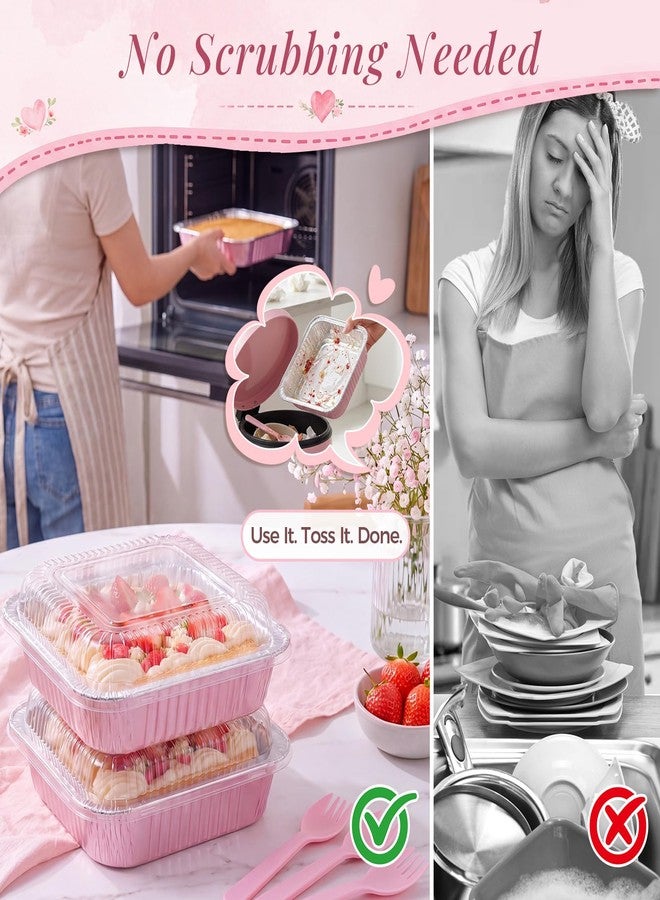 YQER 35 Pack 8x8 Inch Pink Disposable Aluminum Pans with Lids, Spoons, 8 Inch Square Cake Tins Containers - Foil Baking Pans for Brownies, Meal Prep, Cinnamon Roll Pan, Freezer to Oven, Bake Pack Sell - Image 3