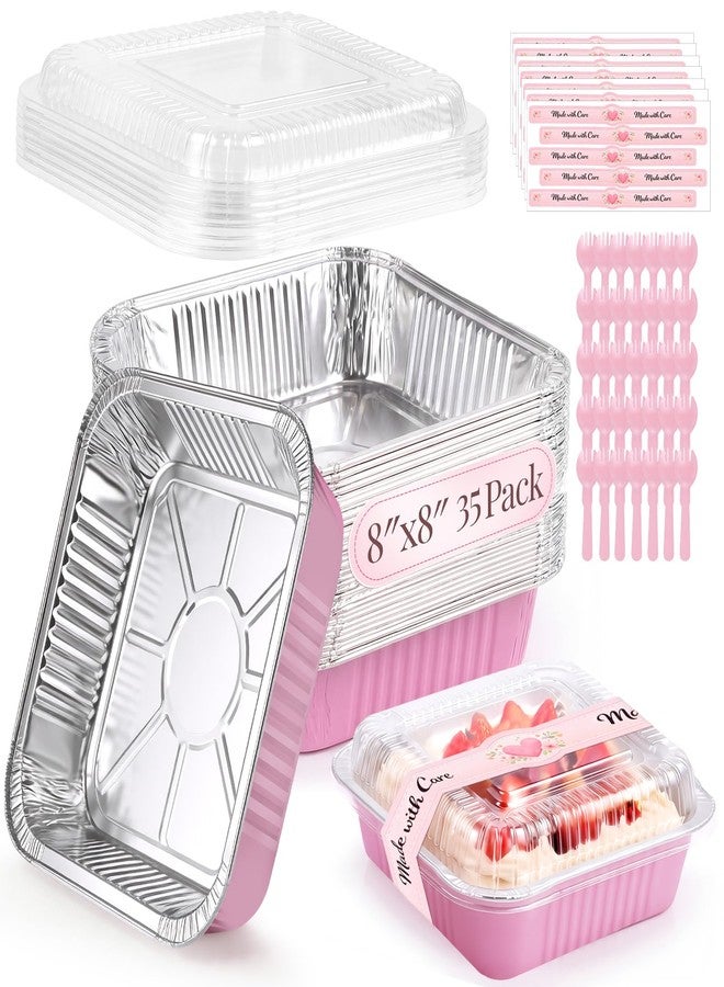YQER 35 Pack 8x8 Inch Pink Disposable Aluminum Pans with Lids, Spoons, 8 Inch Square Cake Tins Containers - Foil Baking Pans for Brownies, Meal Prep, Cinnamon Roll Pan, Freezer to Oven, Bake Pack Sell - Image 1