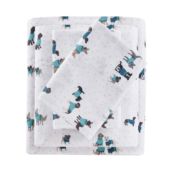 COZY SOFT 100 COTTON FLANNEL PRINT ANIMALS STARS CUTE WARM ULTRA SOFT COLD WEATHER SHEET SET BEDDING TWIN TEAL DOGS 3 PIECE