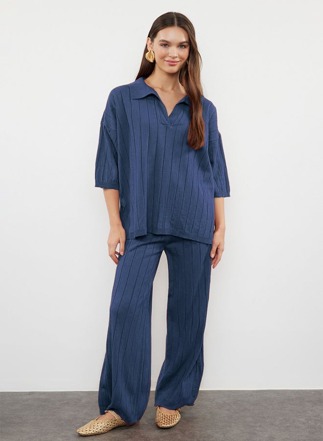 trendyol Indigo Basic Corded Bottom-Top Set - Image 2