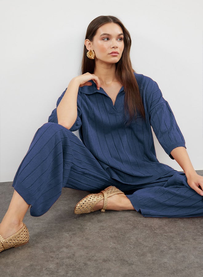 trendyol Indigo Basic Corded Bottom-Top Set - Image 1