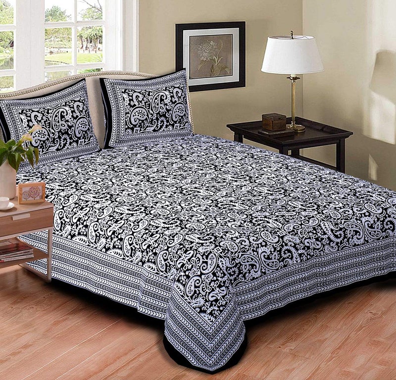 Braise Premium | King Size |100% Pure Cotton | Double Bedsheet with 2 Pillow Covers (Black, Design 4) - Image 2