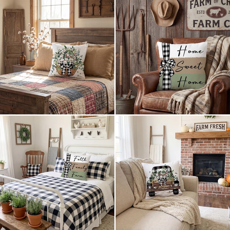 FUTBU Farmhouse Throw Pillow Covers 18x18 Inch Set of 4, Faith Family Farm Cushion Case Decoration for Sofa Couch, Eucalyptus Leaves Farm Cover Set of 4 for Home Sweet Home Gift Green - Image 5