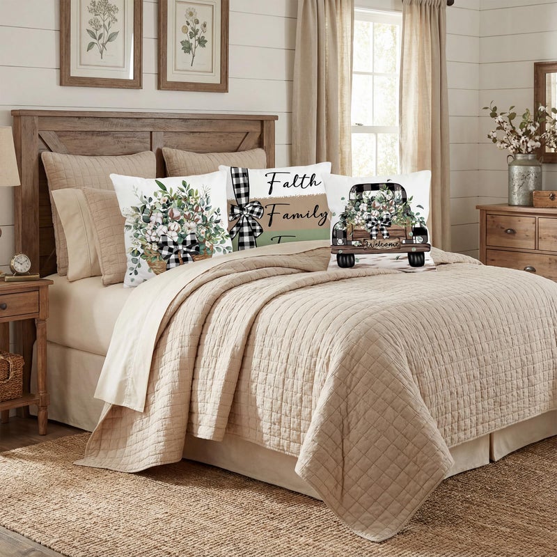 FUTBU Farmhouse Throw Pillow Covers 18x18 Inch Set of 4, Faith Family Farm Cushion Case Decoration for Sofa Couch, Eucalyptus Leaves Farm Cover Set of 4 for Home Sweet Home Gift Green - Image 4