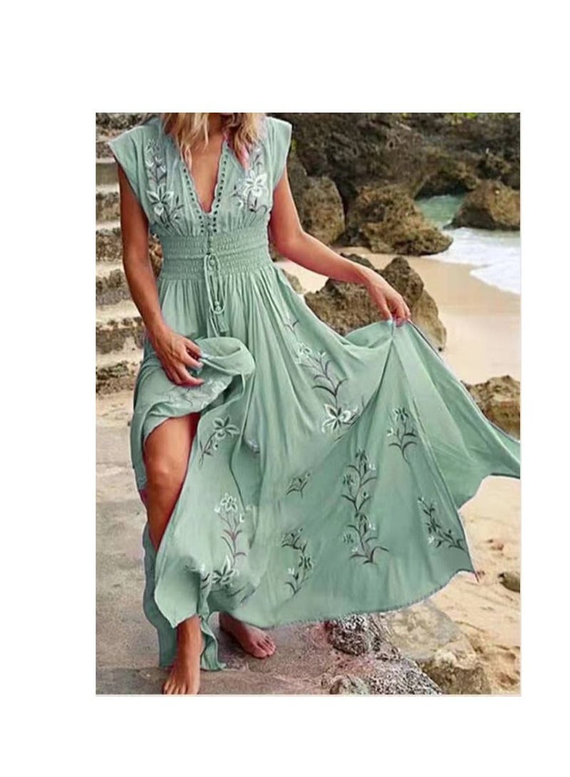 Loquat New Summer Women's V-neck Bohemian Print Dress 