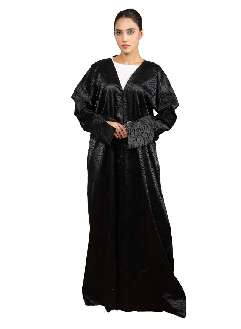 MSquare Fashion Front Open Black Jacquard Abaya