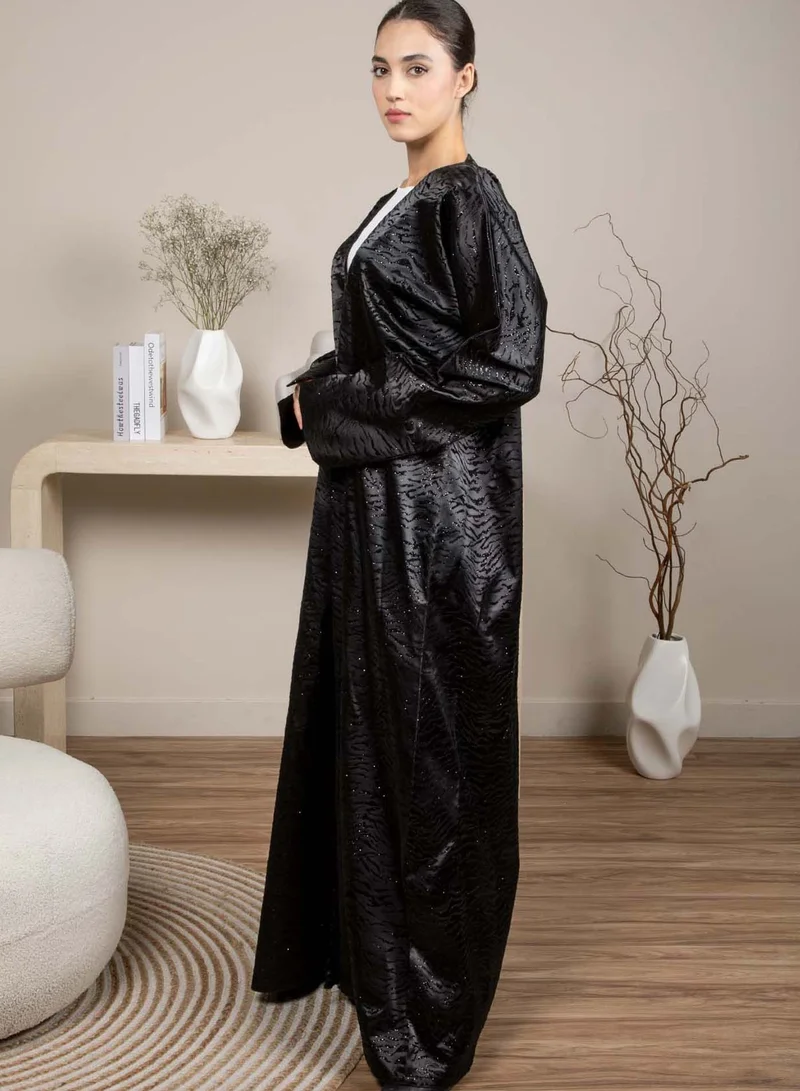 MSquare Fashion Front Open Black Jacquard Abaya