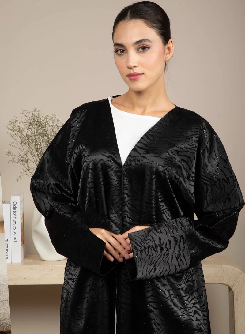 MSquare Fashion Front Open Black Jacquard Abaya