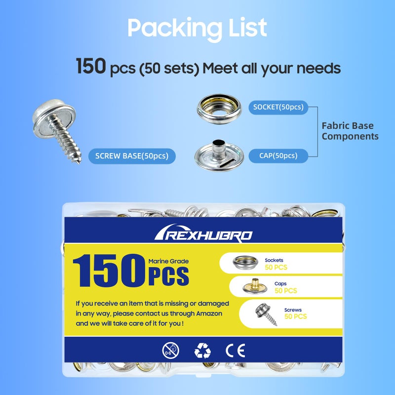 Rexhubro Canvas Snap Kit, Stainless Steel Snaps Marine Grade Snaps for Boat Cover - Snap Kit for Boat Cover 3/8" Socket Metal Snaps Fasteners for Clothing Leather Fabric Canvas150 PCS - Image 2