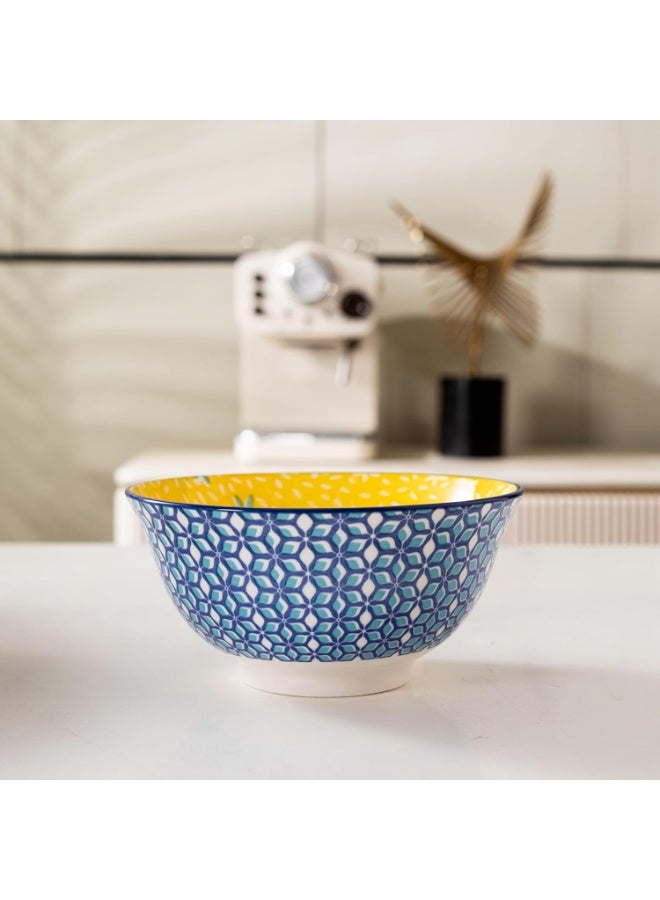 GOLD MANTIS Set of 4 Blue Geometric Ceramic Bowls – 6.25 Inch Yellow Interior – Microwave, Dishwasher, Oven Safe – Ideal for Salads, Pasta, Soup – Modern Kitchen Gift - Image 5