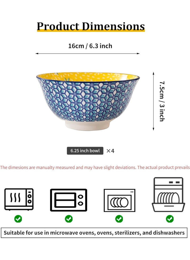 GOLD MANTIS Set of 4 Blue Geometric Ceramic Bowls – 6.25 Inch Yellow Interior – Microwave, Dishwasher, Oven Safe – Ideal for Salads, Pasta, Soup – Modern Kitchen Gift - Image 4