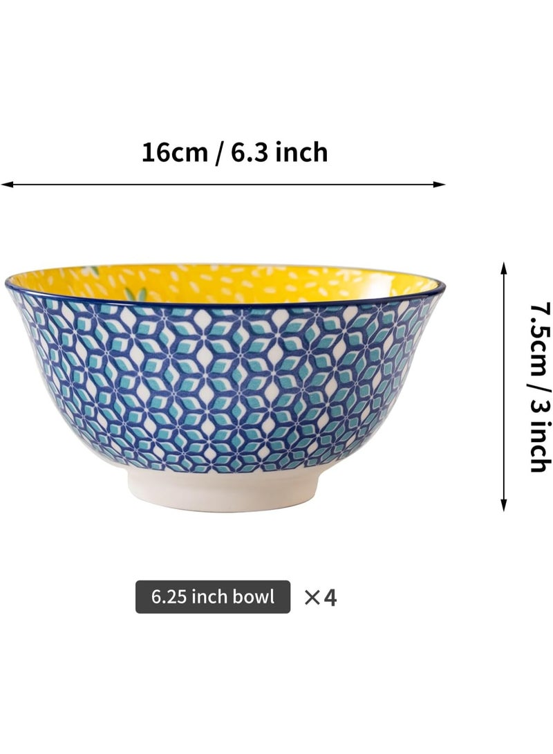 GOLD MANTIS Set of 4 Blue Geometric Ceramic Bowls – 6.25 Inch Yellow Interior – Microwave, Dishwasher, Oven Safe – Ideal for Salads, Pasta, Soup – Modern Kitchen Gift - Image 3