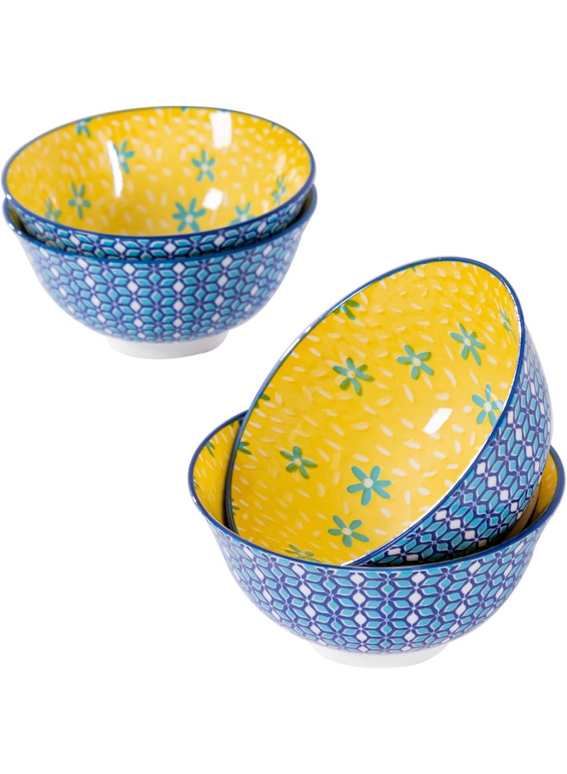 GOLD MANTIS Set of 4 Blue Geometric Ceramic Bowls – 6.25 Inch Yellow Interior – Microwave, Dishwasher, Oven Safe – Ideal for Salads, Pasta, Soup – Modern Kitchen Gift - Image 1