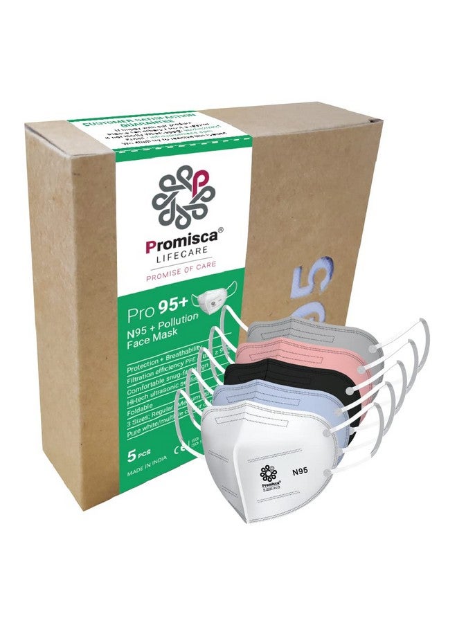 بروميسكا قناع Promisca الجديد N95 Pollution Mask (عبوة من 5 قطع) قناع واقٍ للوجه على شكل حلقة للأذن بخمس طبقات ترشيح مع طبقات قطنية حقيقية منفوخة بالذوبان والهواء الساخن متعدد الألوان متوسط - Image 1