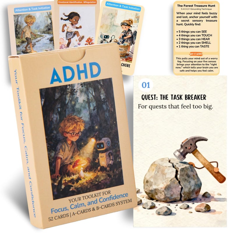 UHillMinerva ADHD Skill Cards for Kids & Parents - 52 Guided Therapy Cards for Emotional Regulation, Focus & Social Skills - Pocket-Sized Behavior Management Tool with A/B System, Ages 6-12, Home School Therapy - Image 1