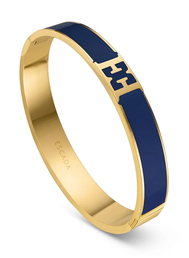 ESCADA Scarlett Gold Plated Bangle with Logo Cutout and Blue Enamel Detail
