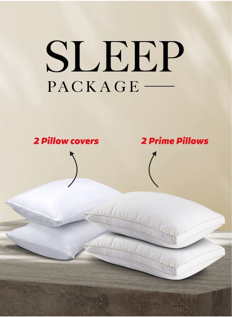 Sleep Package 4-Piece Set – Includes 2 Prime Pillows 90 x 50cm and 2 Pillow Covers 90 x 50cm – Soft Pillows for a Restful Sleep – High-Quality Fabric Pillow Covers – Perfect Bedding Combo for All Seasons – Ideal for Daily Use and Guest Bedrooms
