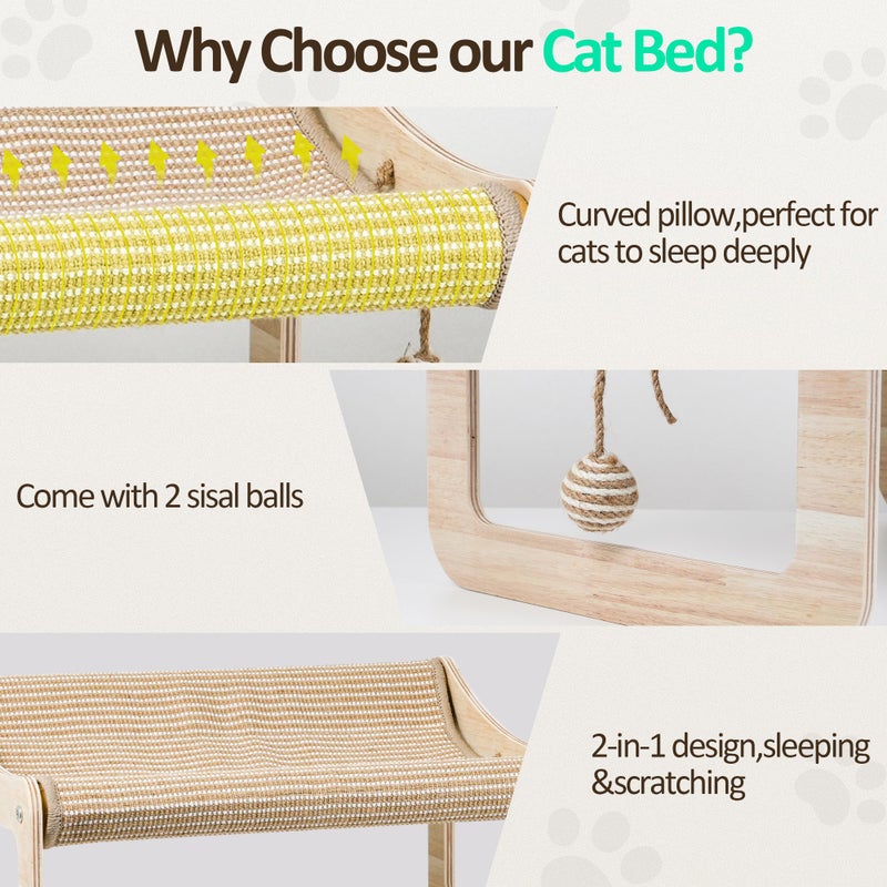 PLITTPETTS Sisal Cat Scratcher Bed for Indoor Cats,Hammock for Scratching Pad, 2 in 1 Elevated Cat Sisal Chair with 2 Toys Ball for Scratcher Lounge,Kitty Bench,Small Dog Bed,Natural Lounger Chair - Image 3