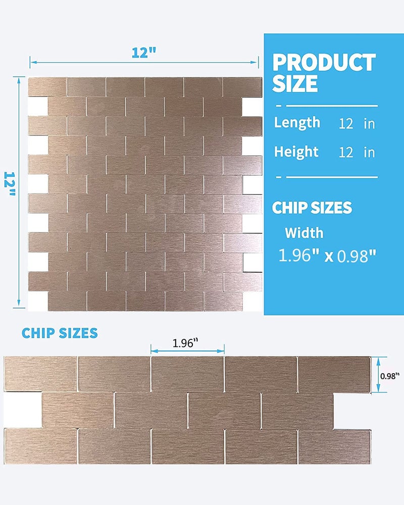 XUANINY 10-Sheet Peel and Stick Metal Backsplash Tiles, Self Adhesive Brushed Aluminum Subway 3D Wall Sticker for Kitchen Bathroom (12"x11.02") (10, Rose Gold Brushed) - Image 3