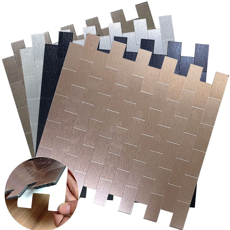 XUANINY 10-Sheet Peel and Stick Metal Backsplash Tiles, Self Adhesive Brushed Aluminum Subway 3D Wall Sticker for Kitchen Bathroom (12"x11.02") (10, Rose Gold Brushed) - Image 2