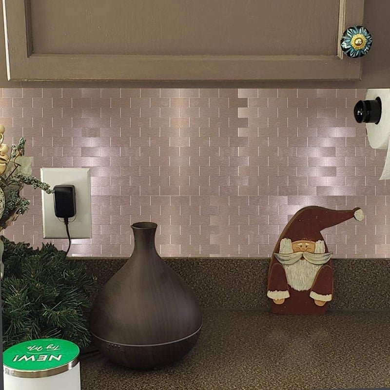 XUANINY 10-Sheet Peel and Stick Metal Backsplash Tiles, Self Adhesive Brushed Aluminum Subway 3D Wall Sticker for Kitchen Bathroom (12"x11.02") (10, Rose Gold Brushed) - Image 4