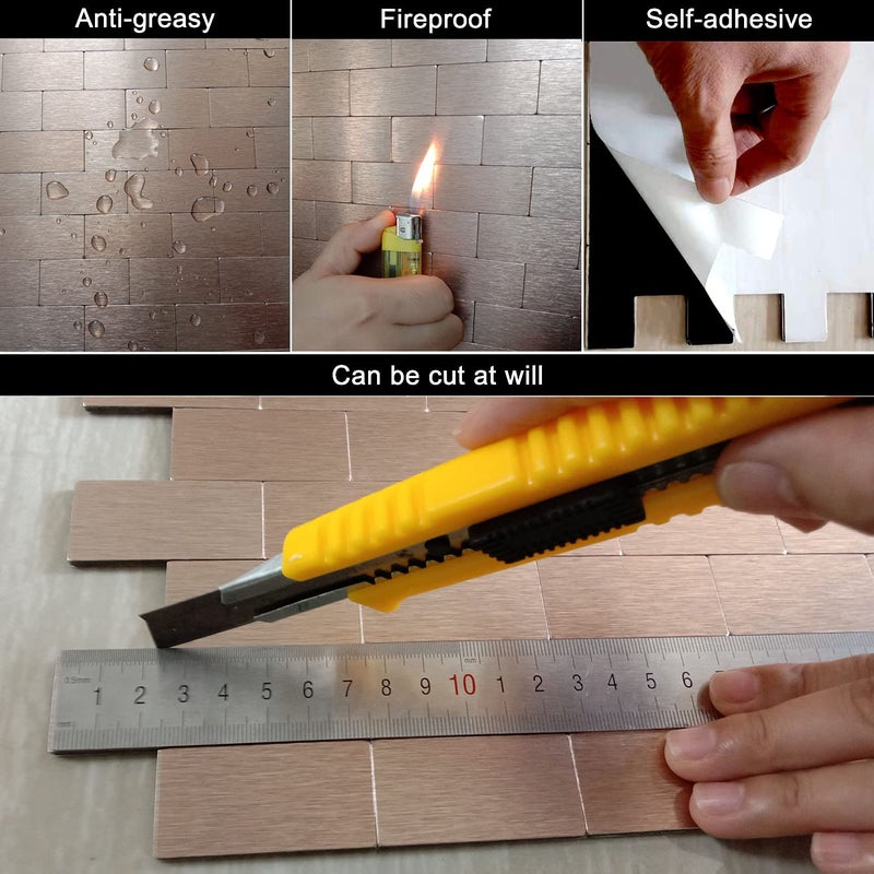 XUANINY 10-Sheet Peel and Stick Metal Backsplash Tiles, Self Adhesive Brushed Aluminum Subway 3D Wall Sticker for Kitchen Bathroom (12"x11.02") (10, Rose Gold Brushed) - Image 5