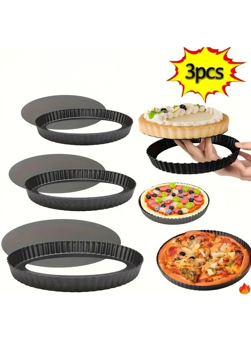 Bukela 3pcs Tart Pan with Removable Bottom Non Stick Carbon Steel Quiche Pie Pans for Oven Baking，Fluted Round Deep Quiche Dish（22cm，26cm，28cm） - Image 1