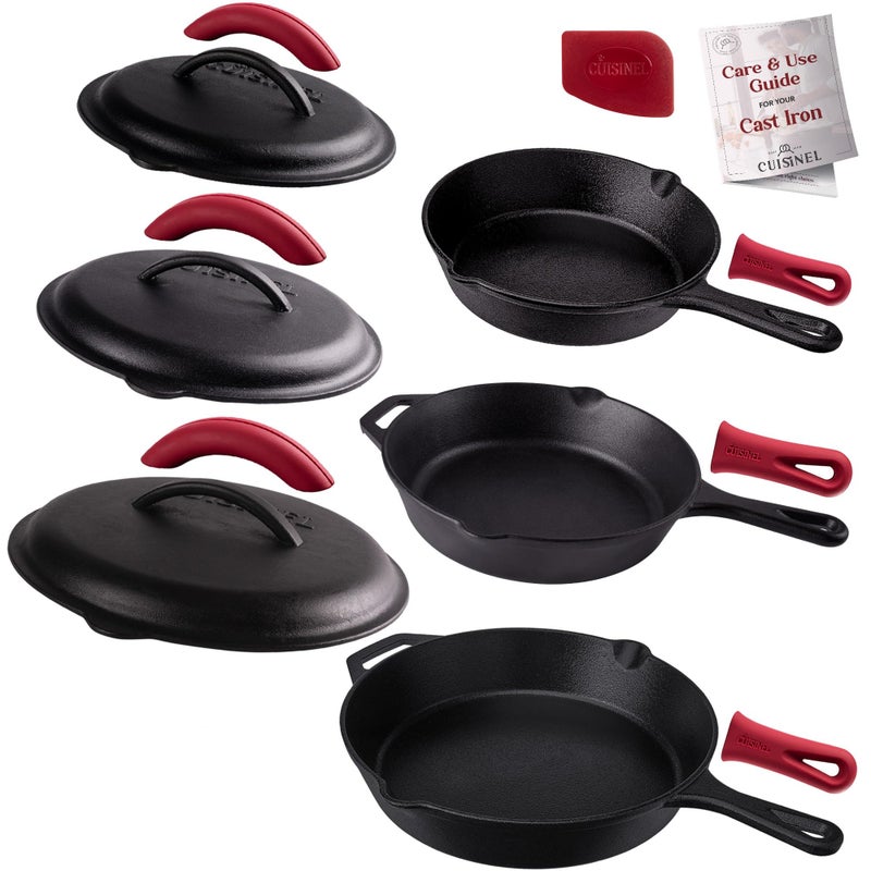 Cuisinel Cast Iron Skillets Set with Lids  81012inch PreSeasoned Covered Frying Pan Set  Silicone Handle and Lid Holders  ScraperCleaner  Use Cookware IndoorOutdoor Oven Stovetop Fire