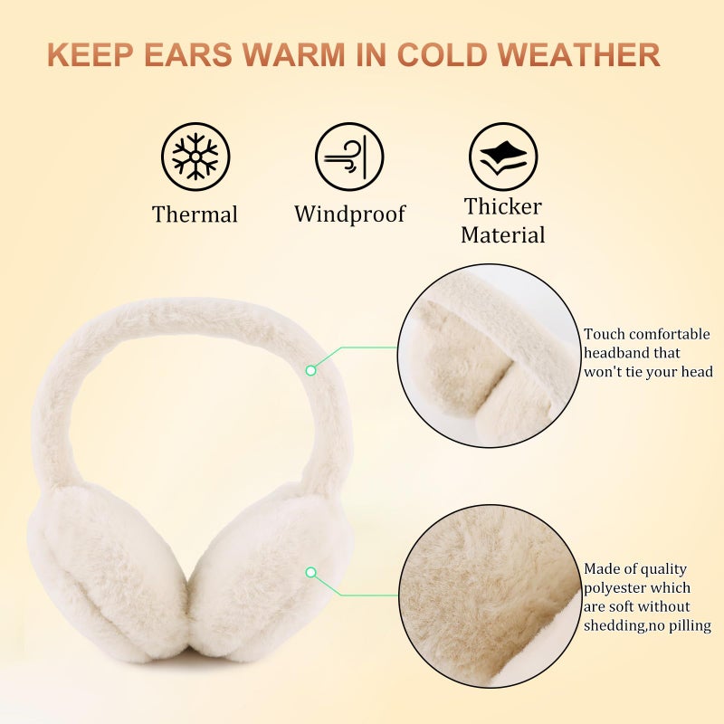PESAAT Fluffy Ear Muff for Women Plush Foldable Earmuffs Kids Winter Earmuffs Girls Boys Cold Weather Ear Warmer (Beige) - Image 2