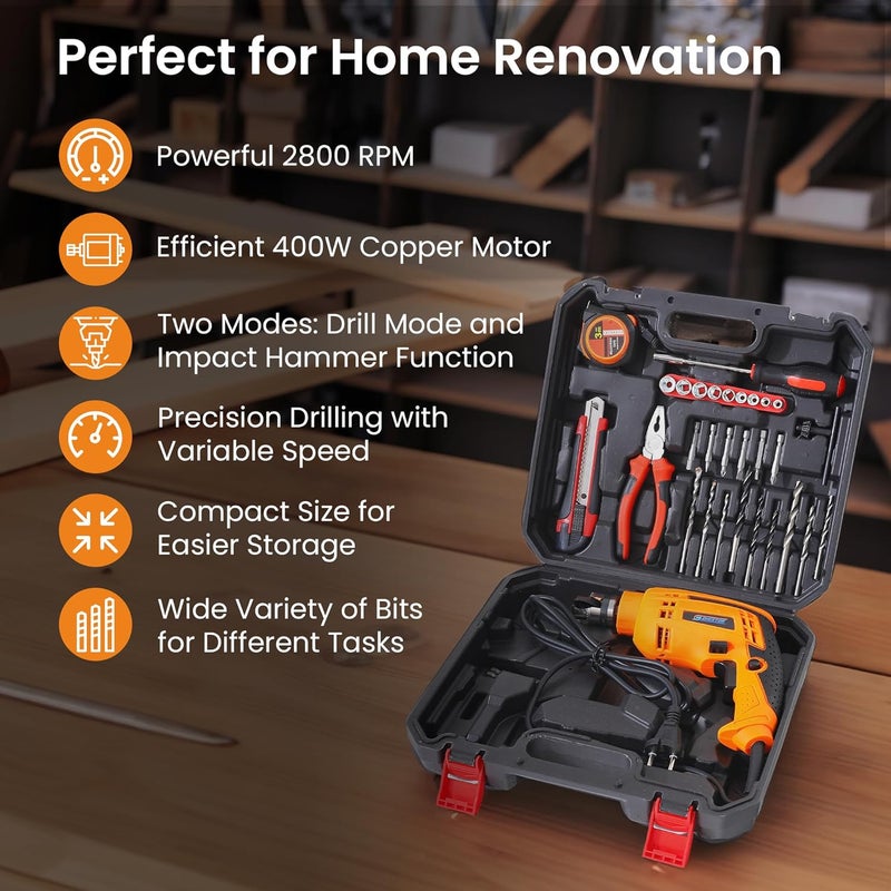 CHESTON CHESTON Drill Tool Kit 400W 10mm Drill Machine For Home Use Tool Kit For Home Use Multipurpose Variable Speed Drill Machine Set of 32 Drill Bits Screwdriver Pliers Box Cutters Measuring Tape  - Image 3