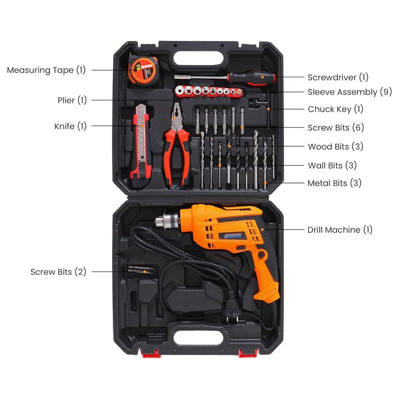 CHESTON CHESTON Drill Tool Kit 400W 10mm Drill Machine For Home Use Tool Kit For Home Use Multipurpose Variable Speed Drill Machine Set of 32 Drill Bits Screwdriver Pliers Box Cutters Measuring Tape  - Image 2