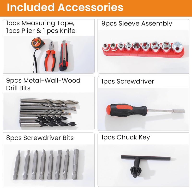 CHESTON CHESTON Drill Tool Kit 400W 10mm Drill Machine For Home Use Tool Kit For Home Use Multipurpose Variable Speed Drill Machine Set of 32 Drill Bits Screwdriver Pliers Box Cutters Measuring Tape  - Image 5