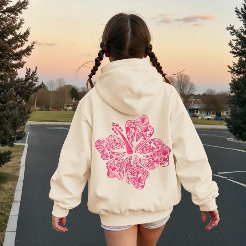 Lubpow Cute Pink Hoodie Kids Girls Aesthetic Preppy Hibiscus Flower Puff Hoodies Kawaii Hawaii Palm Beach Graphic Pullover(Apricot,150) - Image 4