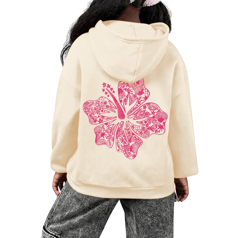 Lubpow Cute Pink Hoodie Kids Girls Aesthetic Preppy Hibiscus Flower Puff Hoodies Kawaii Hawaii Palm Beach Graphic Pullover(Apricot,150) - Image 2
