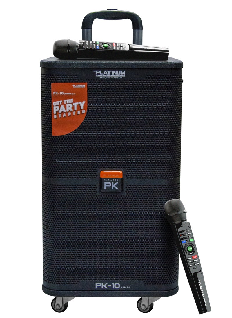 Platinum Karaoke - PLATINUM PK10 KARAOKE TROLLY SPK & PARTY JUKEBOX PA SYSTEM WITH 2 W/L MIC HUGE SONG LIBRARY 23K + MIXED LANGUAGE INDIAN ENGLISH &FILIPINO KARAOKE SONGS BUILT-IN & RECHARGEABLE 5/6 HOURS BATTERY BACKUP - Image 1